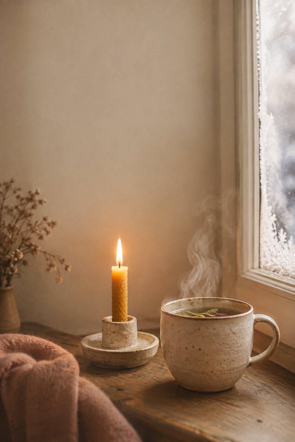 Brennende Kerze und dampfende Tasse Tee am winterlichen Fenster